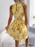 Spring Summer Floral Halter Neck Lace-up A-line Floral Dress image 6