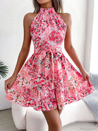 Spring Summer Floral Halter Neck Lace-up A-line Floral Dress image 8