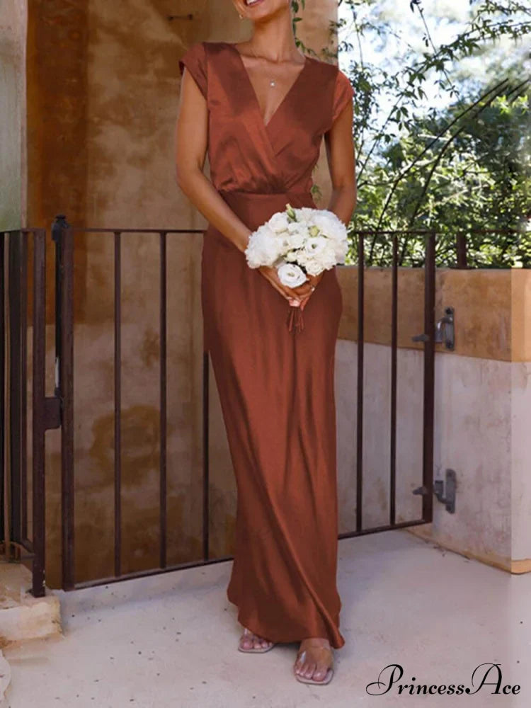 Spring/Summer Satin Solid Color Graceful V-Neck Fishtail Party Dress image 14