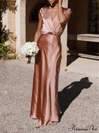 Spring/Summer Satin Solid Color Graceful V-Neck Fishtail Party Dress image 6