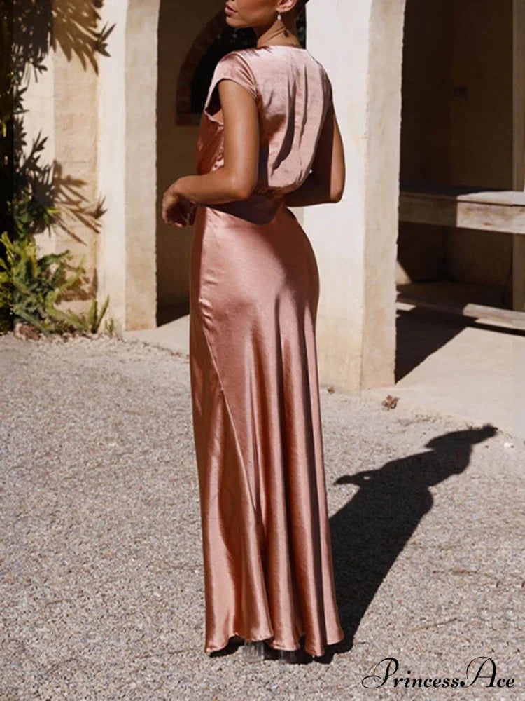 Spring/Summer Satin Solid Color Graceful V-Neck Fishtail Party Dress image 8