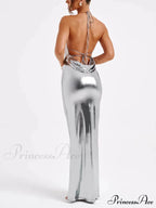Spring Swing Collar Glossy Graceful Metallic Backless Maxi Dress image 2