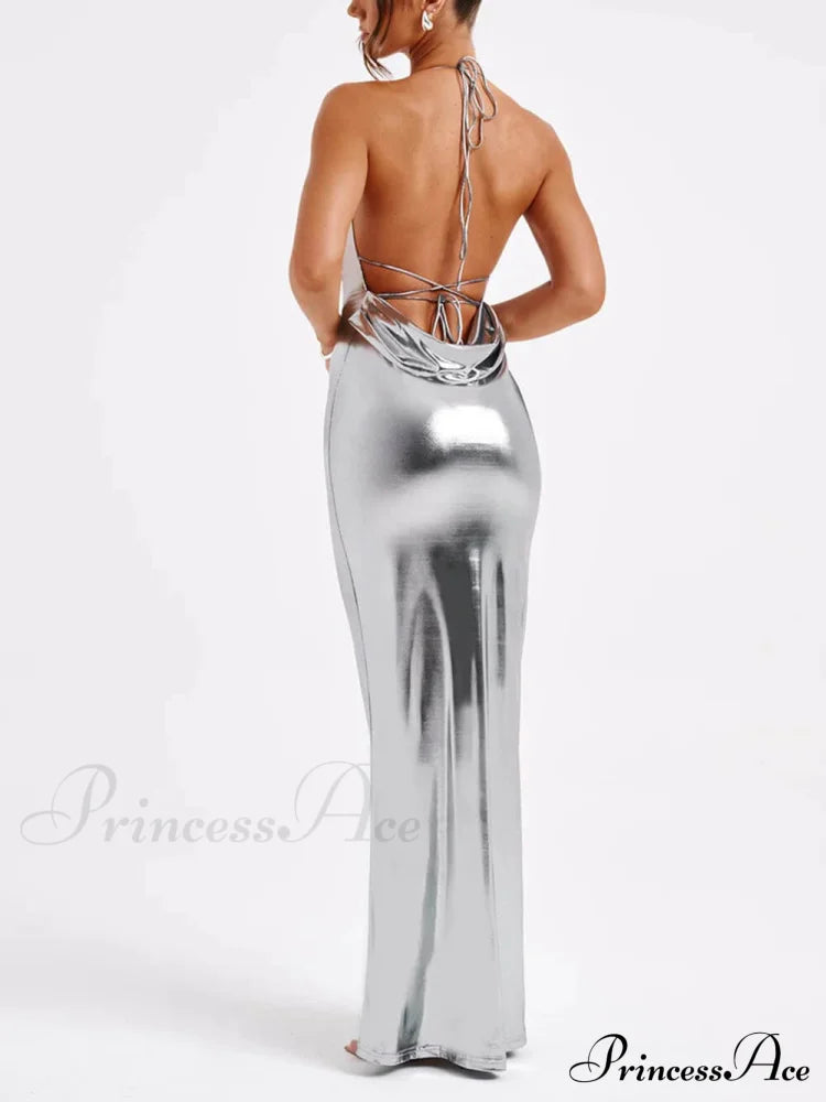 Spring Swing Collar Glossy Graceful Metallic Backless Maxi Dress image 2