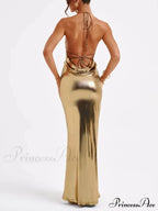 Spring Swing Collar Glossy Graceful Metallic Backless Maxi Dress image 4