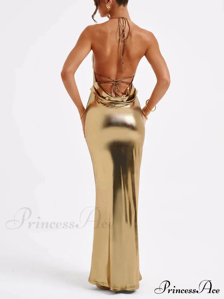 Spring Swing Collar Glossy Graceful Metallic Backless Maxi Dress image 4