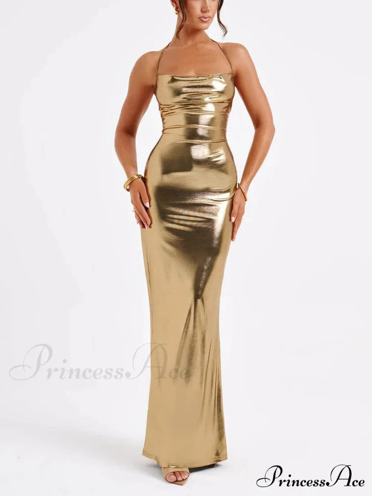 Spring Swing Collar Glossy Graceful Metallic Backless Maxi Dress image 3