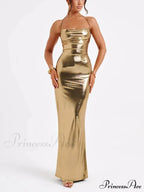 Spring Swing Collar Glossy Graceful Metallic Backless Maxi Dress image 3
