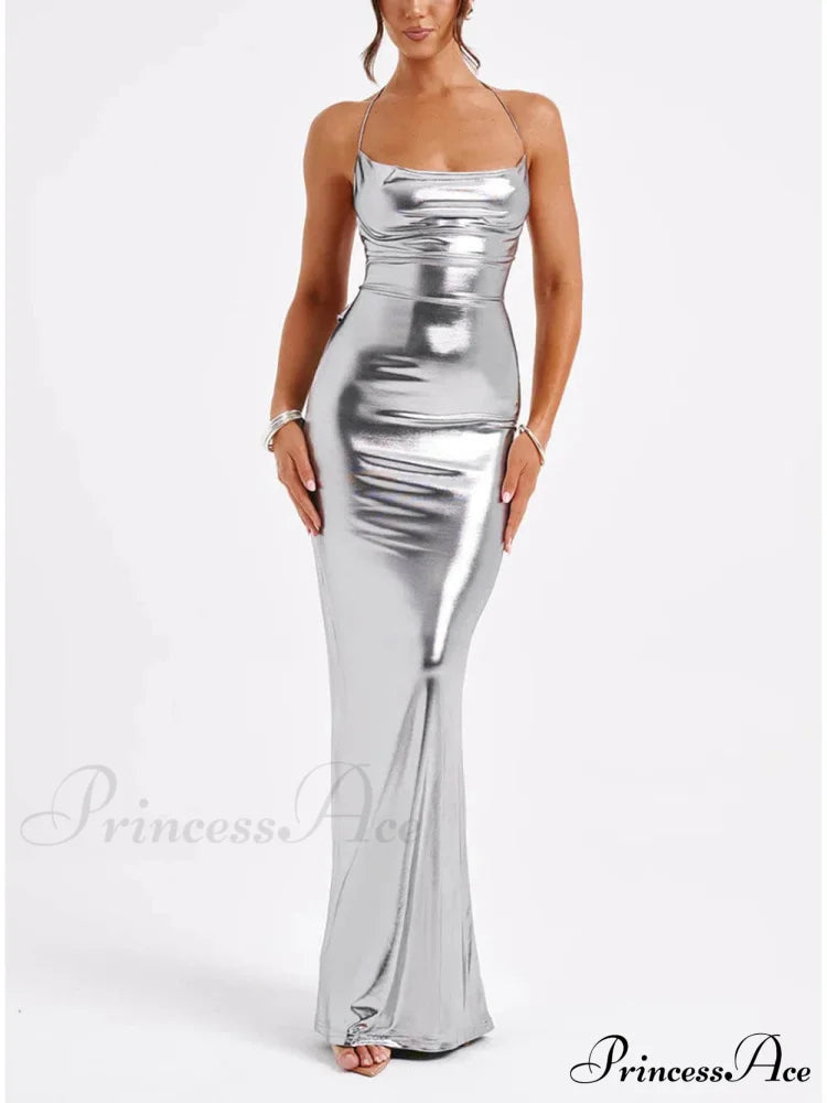 Spring Swing Collar Glossy Graceful Metallic Backless Maxi Dress image 1