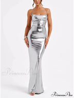 Spring Swing Collar Glossy Graceful Metallic Backless Maxi Dress image 1