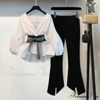 Bow Lantern Flare Pants Striped Blouse Two Piece Set image 1