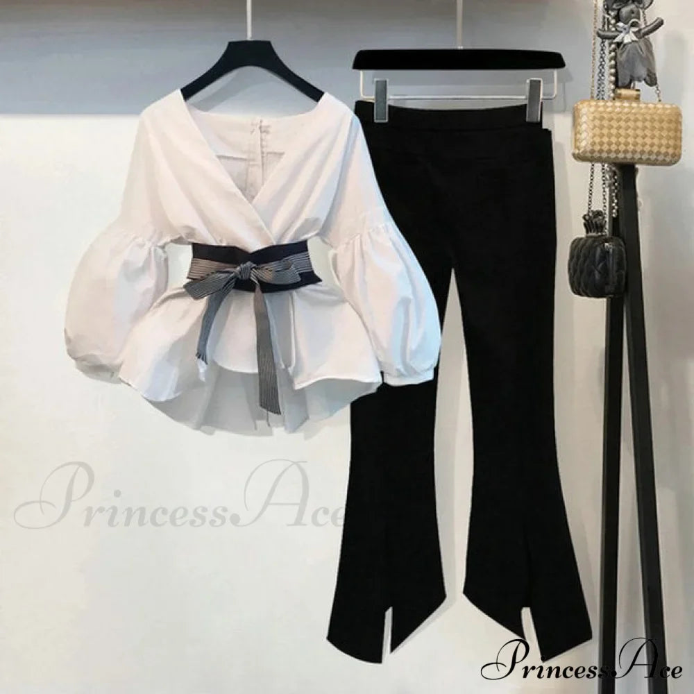 Bow Lantern Flare Pants Striped Blouse Two Piece Set image 1