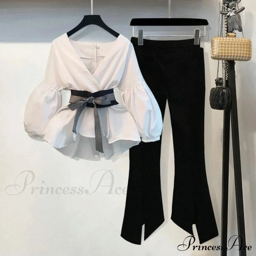 Bow Lantern Flare Pants Striped Blouse Two Piece Set image 1