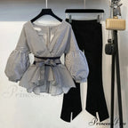 Bow Lantern Flare Pants Striped Blouse Two Piece Set image 2