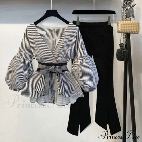 Bow Lantern Flare Pants Striped Blouse Two Piece Set image 2