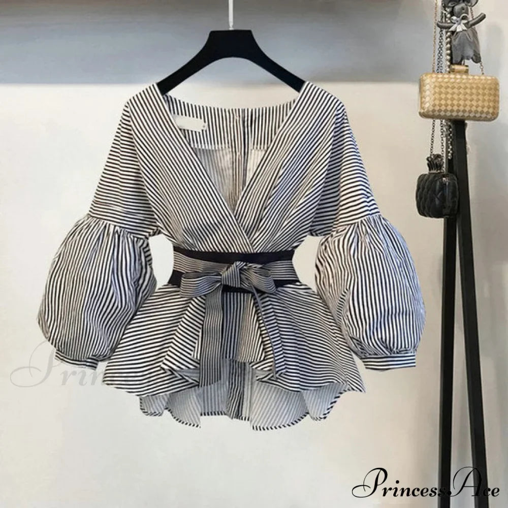 Bow Lantern Flare Pants Striped Blouse Two Piece Set image 4