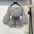 Bow Lantern Flare Pants Striped Blouse Two Piece Set image 4