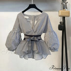 Bow Lantern Flare Pants Striped Blouse Two Piece Set image 4