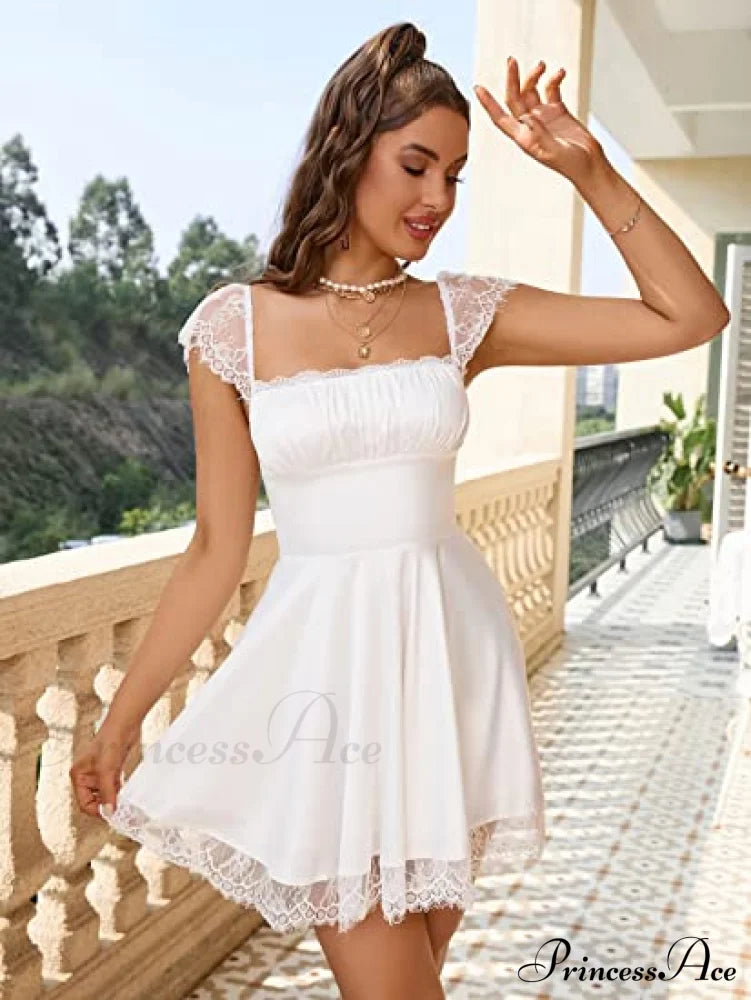 Square Neck Flowy Ruched Bust Dress with Lace image 4