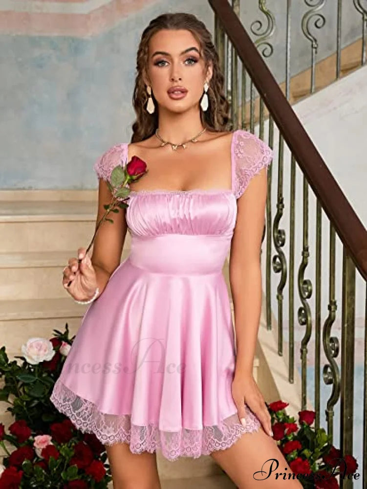Square Neck Flowy Ruched Bust Dress with Lace image 6
