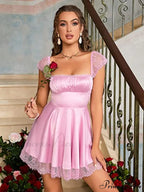 Square Neck Flowy Ruched Bust Dress with Lace image 6