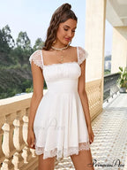 Square Neck Flowy Ruched Bust Dress with Lace image 1