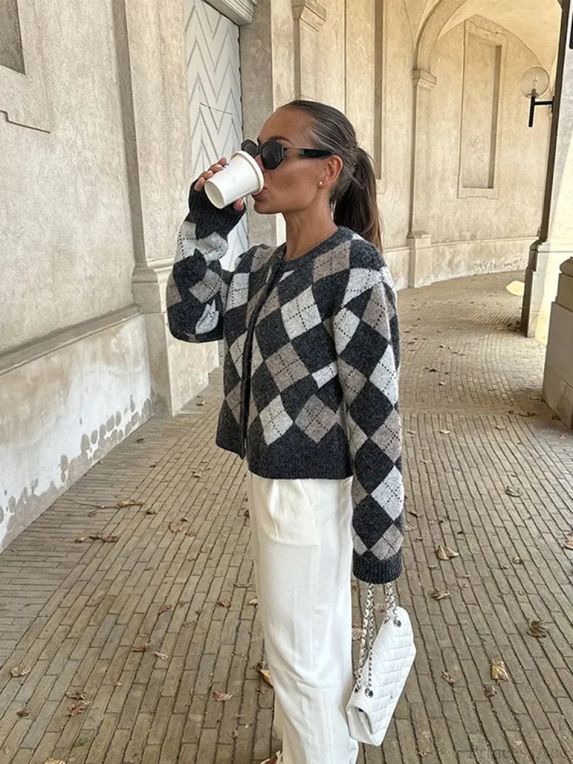 Square Printed O-neck Long Sleeve Cardigan image 1