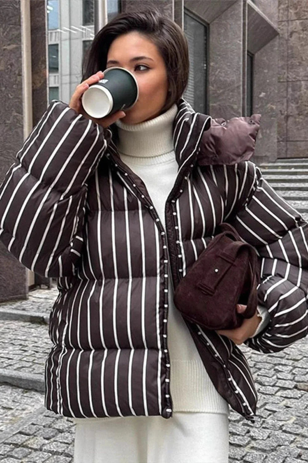 Stand Collar Striped Hooded Warm Quilted Coat image 1