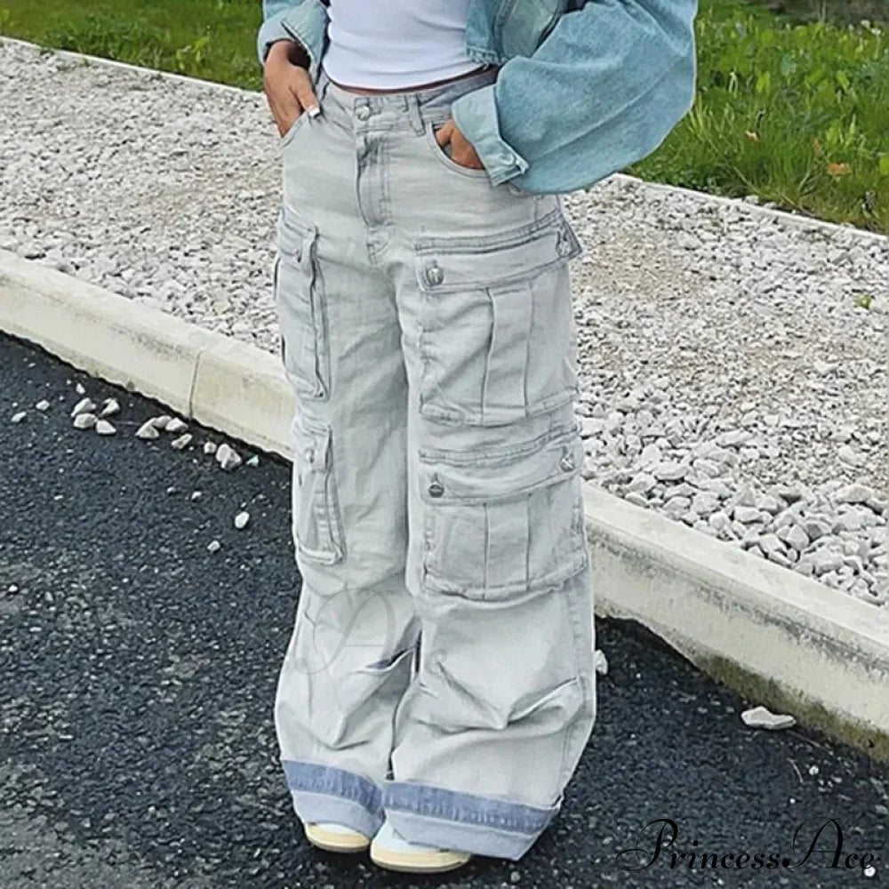 Straight Casual Multi-pocket Paneled Cargo Fashion Washed Wide Leg High-waisted High Street Y2K Jean image 3