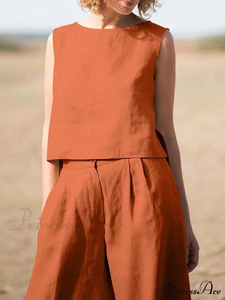Straight Wide Set + for O-Neck Pants Two Blouse Sleeveless Solid Piece Top Color Vintage Suit Leg Women image 3