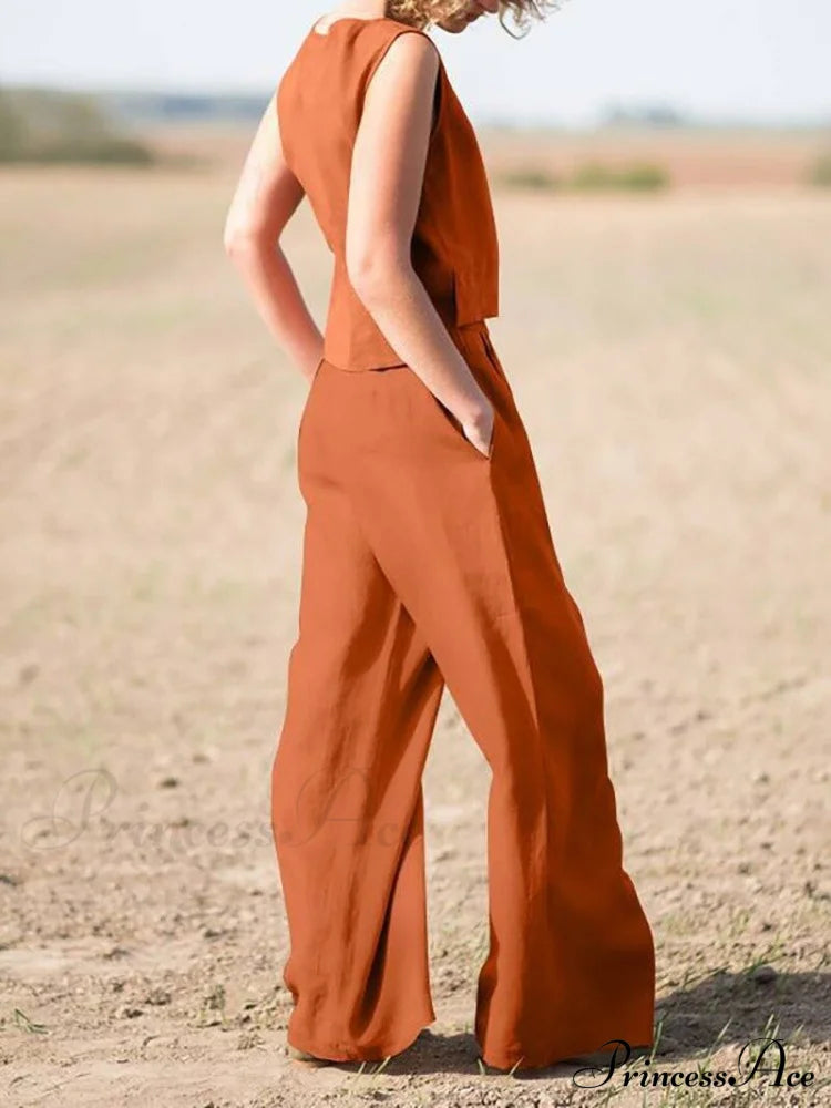Straight Wide Set + for O-Neck Pants Two Blouse Sleeveless Solid Piece Top Color Vintage Suit Leg Women image 2
