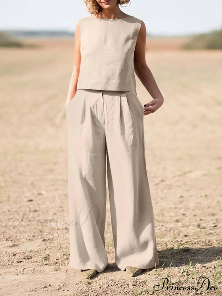 Straight Wide Set + for O-Neck Pants Two Blouse Sleeveless Solid Piece Top Color Vintage Suit Leg Women image 9