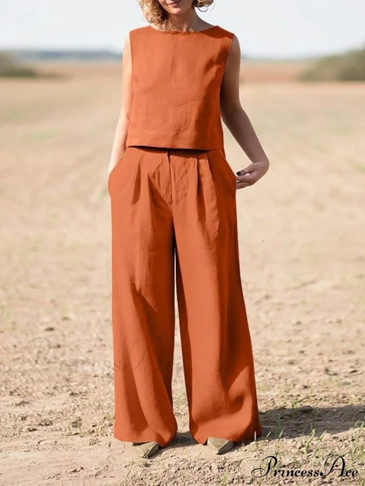Straight Wide Set + for O-Neck Pants Two Blouse Sleeveless Solid Piece Top Color Vintage Suit Leg Women image 1