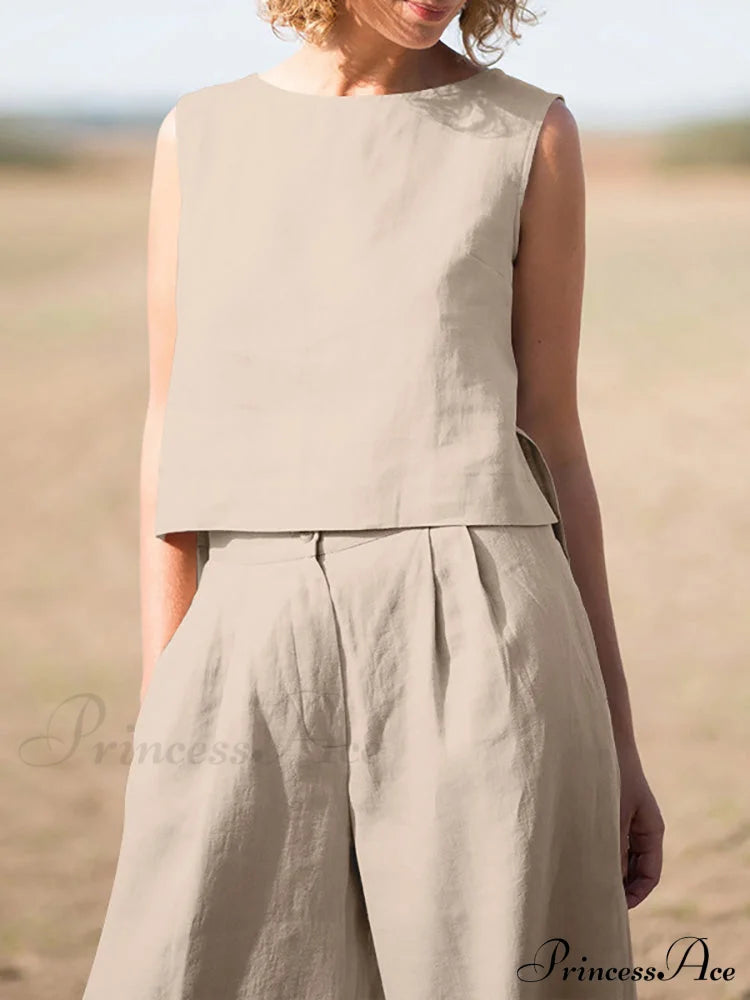 Straight Wide Set + for O-Neck Pants Two Blouse Sleeveless Solid Piece Top Color Vintage Suit Leg Women image 8