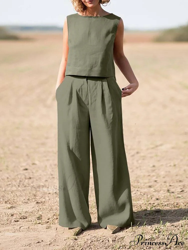 Straight Wide Set + for O-Neck Pants Two Blouse Sleeveless Solid Piece Top Color Vintage Suit Leg Women image 7