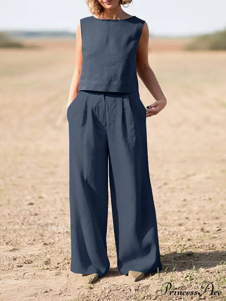 Straight Wide Set + for O-Neck Pants Two Blouse Sleeveless Solid Piece Top Color Vintage Suit Leg Women image 6
