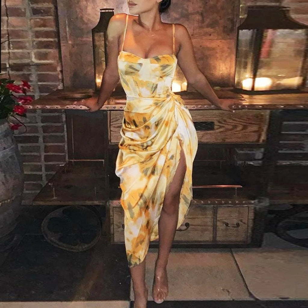 Strap Ruched Side Slit Irregular Hem Midi Dress image 2