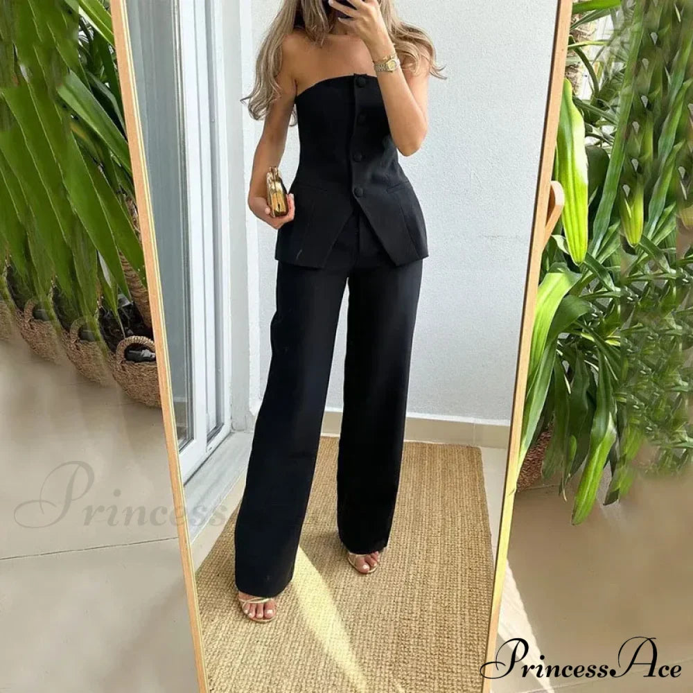 Strapless Button Top Long Pants Slim Party Sleeveless Suit image 1