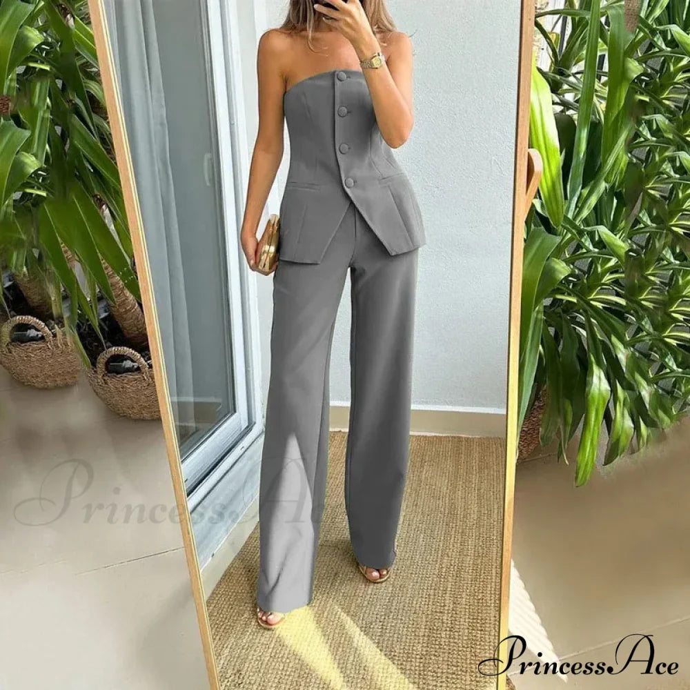 Strapless Button Top Long Pants Slim Party Sleeveless Suit image 6