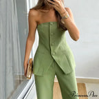 Strapless Button Top Long Pants Slim Party Sleeveless Suit image 4