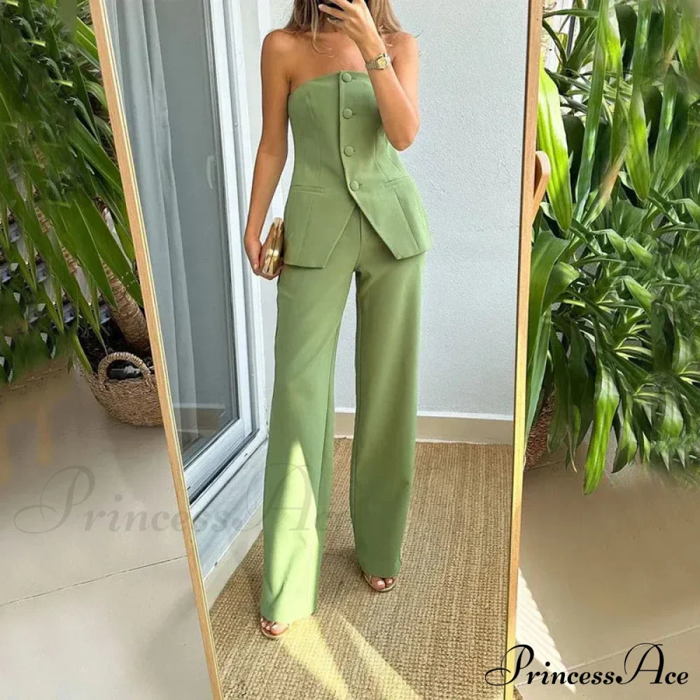 Strapless Button Top Long Pants Slim Party Sleeveless Suit image 2