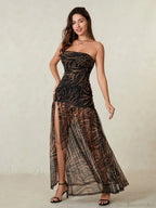Strapless High Slit Mesh Hem Floral Dress image 7