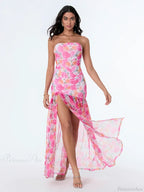 Strapless High Slit Mesh Hem Floral Dress image 1