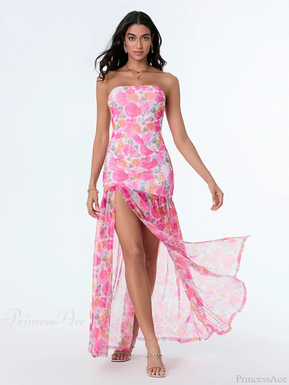 Strapless High Slit Mesh Hem Floral Dress image 1