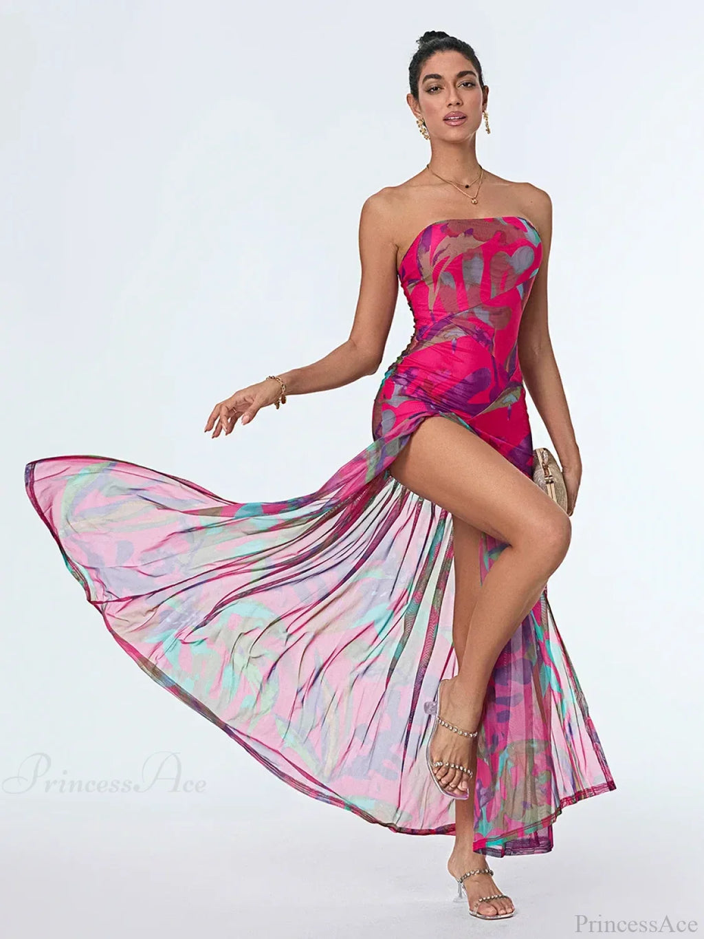 Strapless High Slit Mesh Hem Floral Dress image 5