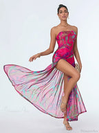 Strapless High Slit Mesh Hem Floral Dress image 5