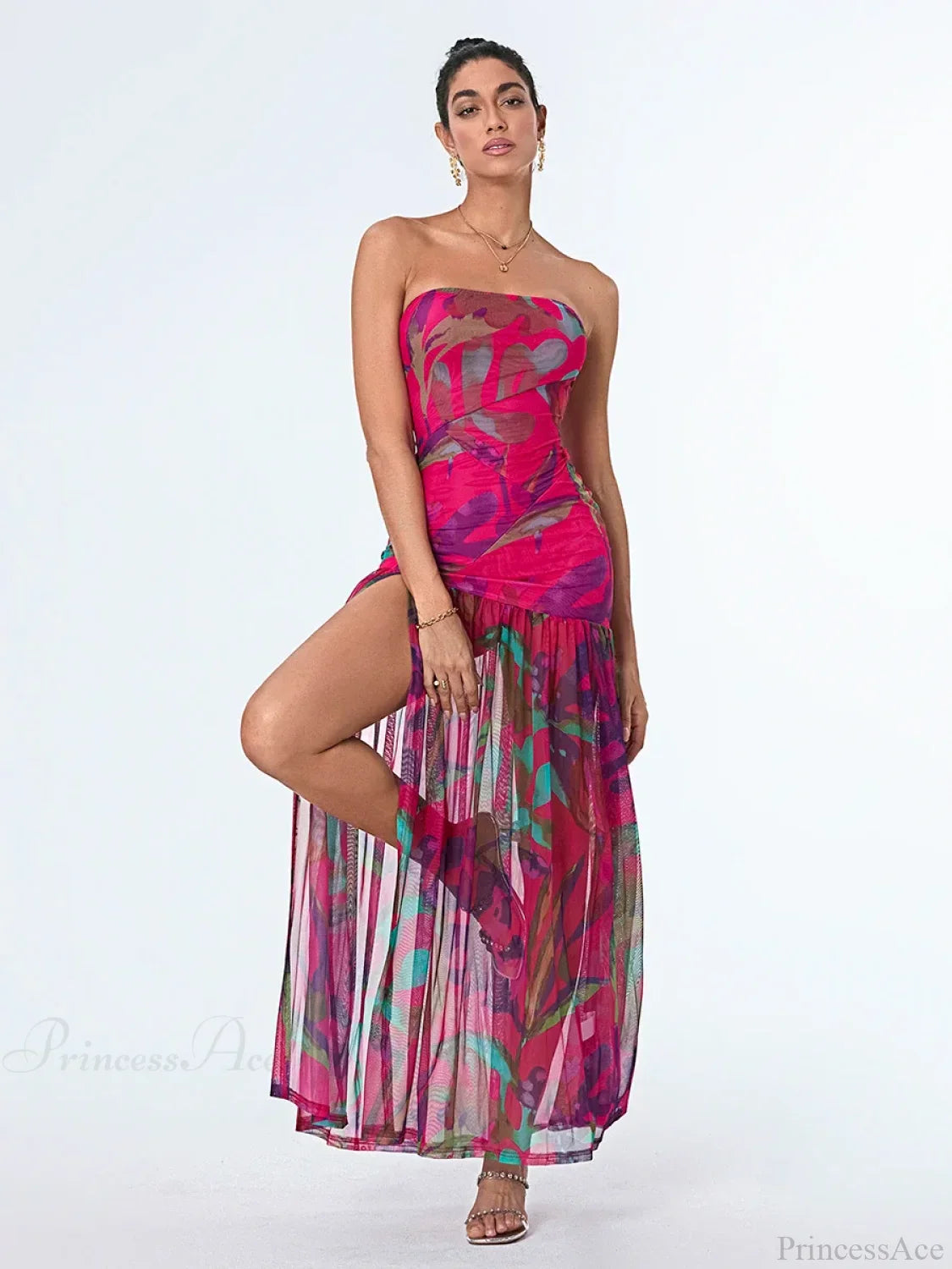 Strapless High Slit Mesh Hem Floral Dress image 3