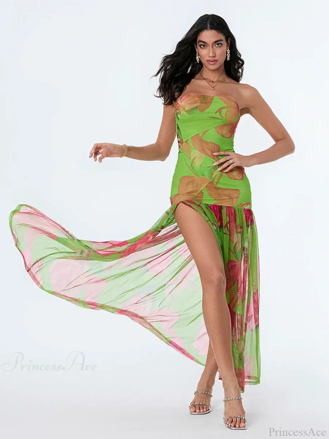 Strapless High Slit Mesh Hem Floral Dress image 6