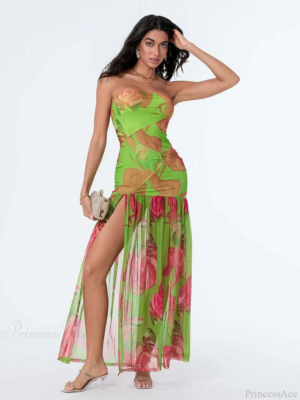 Strapless High Slit Mesh Hem Floral Dress image 8
