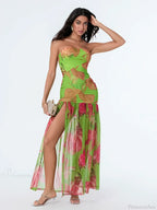 Strapless High Slit Mesh Hem Floral Dress image 8