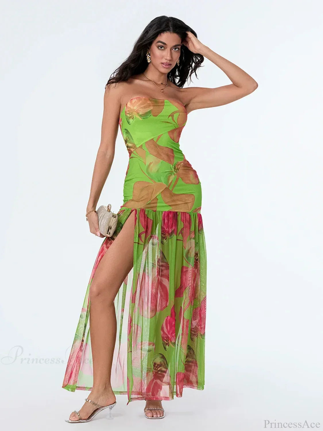 Strapless High Slit Mesh Hem Floral Dress image 8